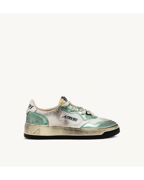 SNEAKERS SUPER VINTAGE LOW WOMEN MESH, LEATHER WHITE AND PASTEL GREEN